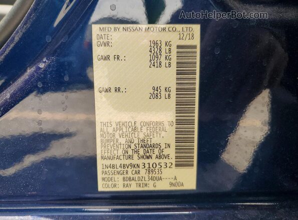 1N4BL4BV9KN310532 2019 NISSAN ALTIMA Blue Շարժիչի բաժամունքի տեսք