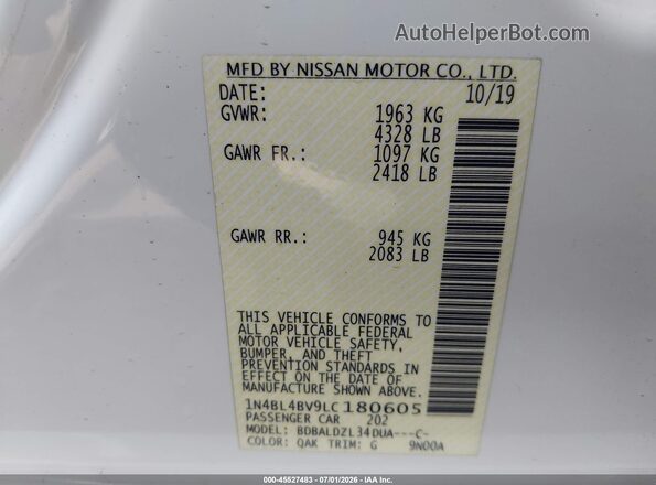 1N4BL4BV9LC180605 2020 NISSAN ALTIMA White ძრავის განყოფილების ხედი