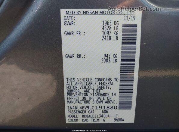 1N4BL4BV9LC191880 2020 NISSAN ALTIMA Gray Շարժիչի բաժամունքի տեսք