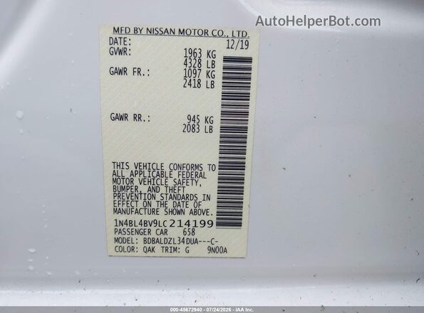 1N4BL4BV9LC214199 2020 NISSAN ALTIMA White ძრავის განყოფილების ხედი