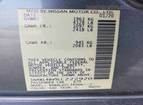 1N4BL4BV9LC222920 2020 NISSAN ALTIMA Gray ძრავის განყოფილების ხედი