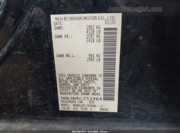 1N4BL4BV9LC251964 2020 NISSAN ALTIMA Черный Вид подкапотного пространства