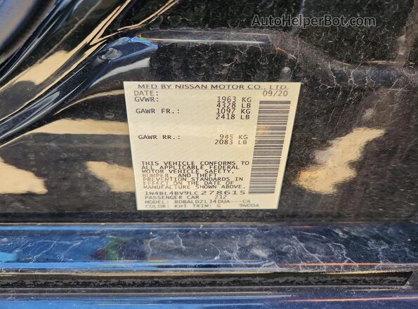 1N4BL4BV9LC278615 2020 NISSAN ALTIMA Black Вид підкапотного простору