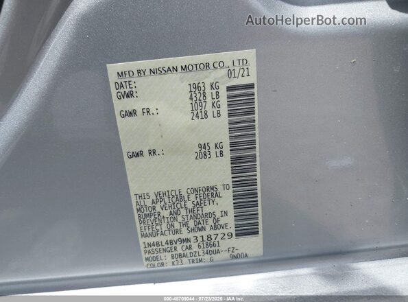 1N4BL4BV9MN318729 2021 NISSAN ALTIMA Silver Вид підкапотного простору