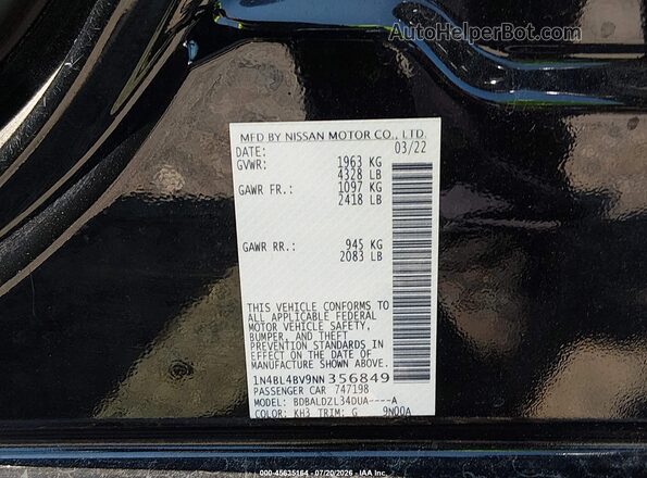 1N4BL4BV9NN356849 2022 NISSAN ALTIMA Черный Вид подкапотного пространства