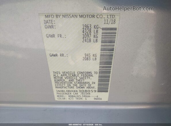 1N4BL4BVXKN308059 2019 NISSAN ALTIMA Silver ძრავის განყოფილების ხედი