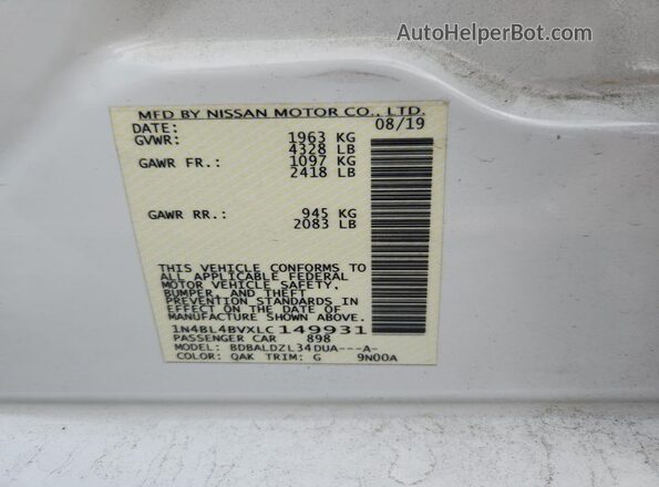 1N4BL4BVXLC149931 2020 NISSAN ALTIMA White Widok komory silnika