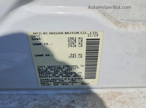 1N4BL4BVXLC213546 2020 NISSAN ALTIMA White VIN კოდის სტიკერის ხედი