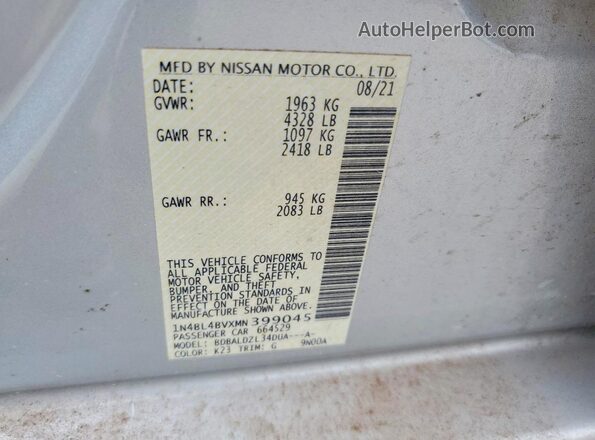 1N4BL4BVXMN399045 2021 NISSAN ALTIMA Серебряный Вид подкапотного пространства