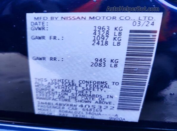 1N4BL4BVXRN405322 2024 NISSAN ALTIMA Синий Вид наклейки с VIN-кодом