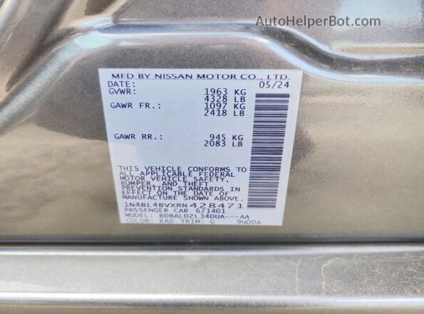 1N4BL4BVXRN428471 2024 NISSAN ALTIMA Gray Շարժիչի բաժամունքի տեսք