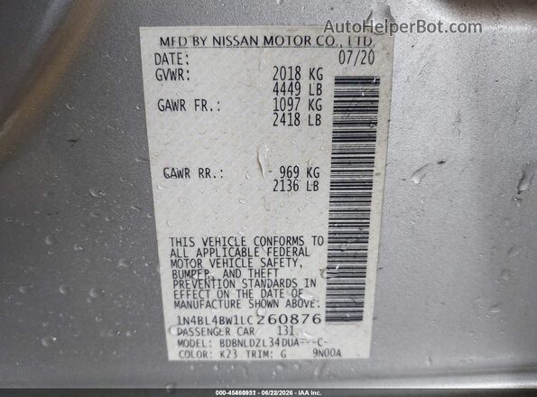 1N4BL4BW1LC260876 2020 NISSAN ALTIMA Silver Widok komory silnika