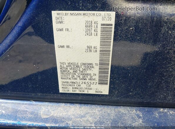 1N4BL4BW2LC265522 2020 NISSAN ALTIMA Blue Widok komory silnika
