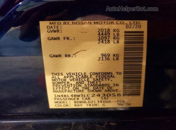 1N4BL4BW3LC243058 2020 NISSAN ALTIMA Blue VIN կոդի պիտակի տեսք