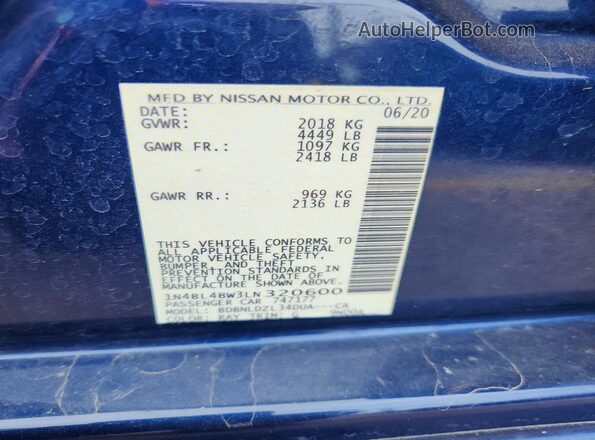 1N4BL4BW3LN320600 2020 NISSAN ALTIMA Blue ძრავის განყოფილების ხედი