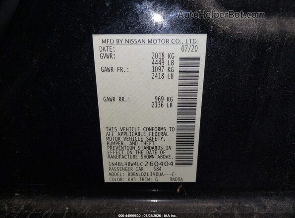 1N4BL4BW4LC260404 2020 NISSAN ALTIMA Black Widok komory silnika
