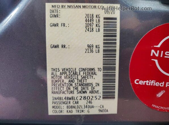 1N4BL4BW8LC280252 2020 NISSAN ALTIMA Gray Engine compartment view