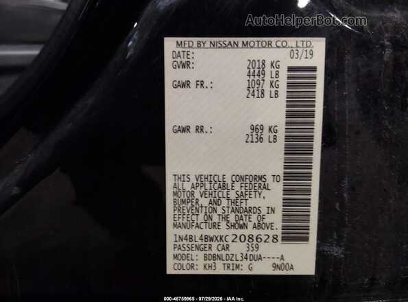 1N4BL4BWXKC208628 2019 NISSAN ALTIMA Черный Вид подкапотного пространства