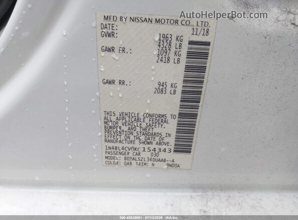 1N4BL4CV0KC154343 2019 NISSAN ALTIMA White Engine compartment view