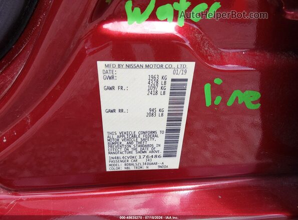 1N4BL4CV0KC176486 2019 NISSAN ALTIMA Красный Вид подкапотного пространства