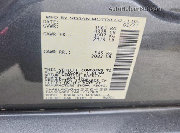 1N4BL4CV0NN326458 2022 NISSAN ALTIMA Gray Widok komory silnika