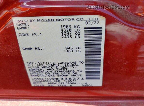 1N4BL4CV0NN338271 2022 NISSAN ALTIMA Red Вид наклейки з VIN-кодом