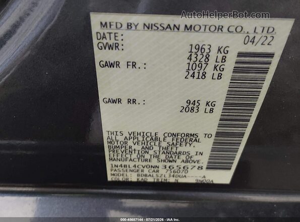 1N4BL4CV0NN365678 2022 NISSAN ALTIMA Серый Вид подкапотного пространства