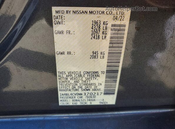 1N4BL4CV0NN370217 2022 NISSAN ALTIMA Серый Вид наклейки с VIN-кодом