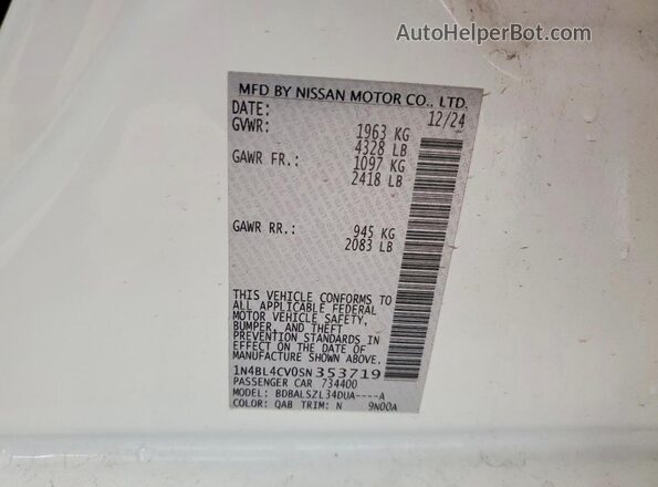 1N4BL4CV0SN353719 2025 NISSAN ALTIMA Белый Вид наклейки с VIN-кодом