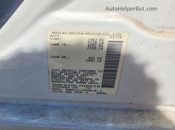 1N4BL4CV1KC209656 2019 NISSAN ALTIMA White ძრავის განყოფილების ხედი