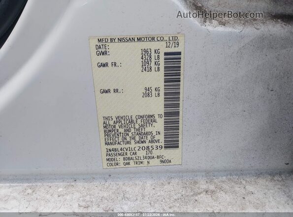1N4BL4CV1LC208539 2020 NISSAN ALTIMA White Widok komory silnika
