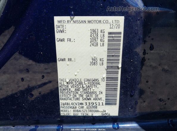 1N4BL4CV1MN339511 2021 NISSAN ALTIMA Blue Շարժիչի բաժամունքի տեսք