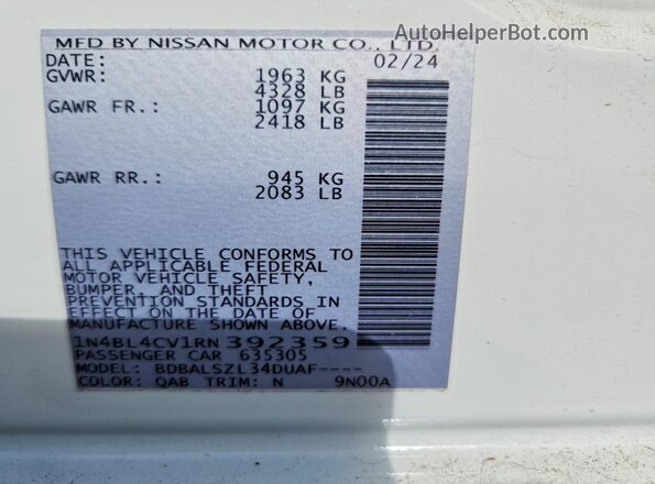 1N4BL4CV1RN392359 2024 NISSAN ALTIMA White Vista de la etiqueta del VIN