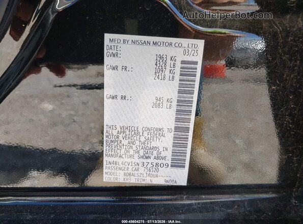 1N4BL4CV1SN375809 2025 NISSAN ALTIMA Black VIN კოდის სტიკერის ხედი