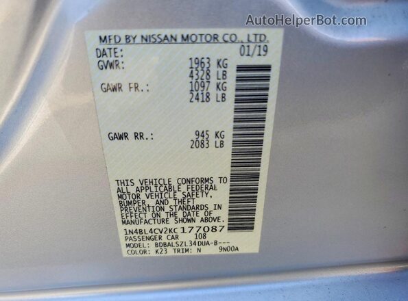1N4BL4CV2KC177087 2019 NISSAN ALTIMA Silver ძრავის განყოფილების ხედი