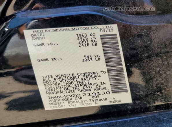 1N4BL4CV2KC219130 2019 NISSAN ALTIMA Black VIN կոդի պիտակի տեսք