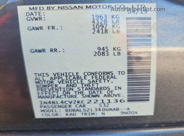 1N4BL4CV2KC221136 2019 NISSAN ALTIMA Gray VIN կոդի պիտակի տեսք