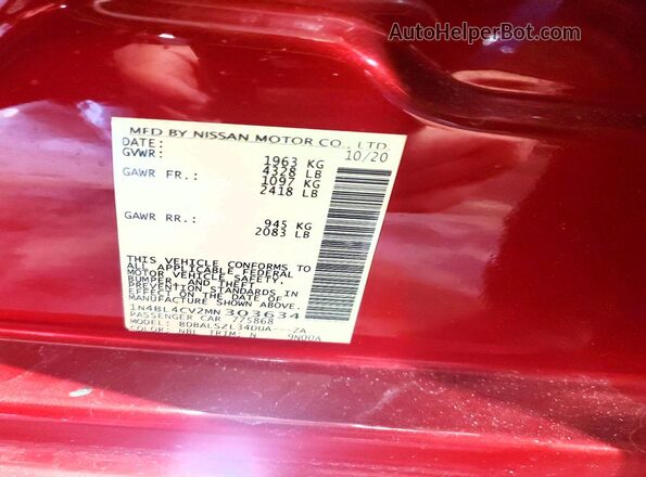 1N4BL4CV2MN303634 2021 NISSAN ALTIMA Burgundy Vista de la etiqueta del VIN