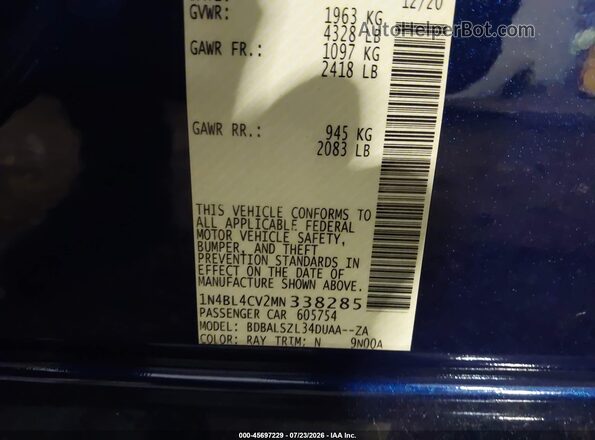 1N4BL4CV2MN338285 2021 NISSAN ALTIMA Blue Vista del compartimento del motor