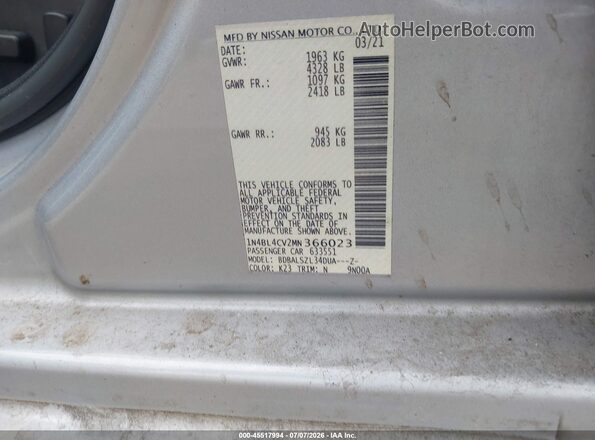 1N4BL4CV2MN366023 2021 NISSAN ALTIMA Silver Widok komory silnika