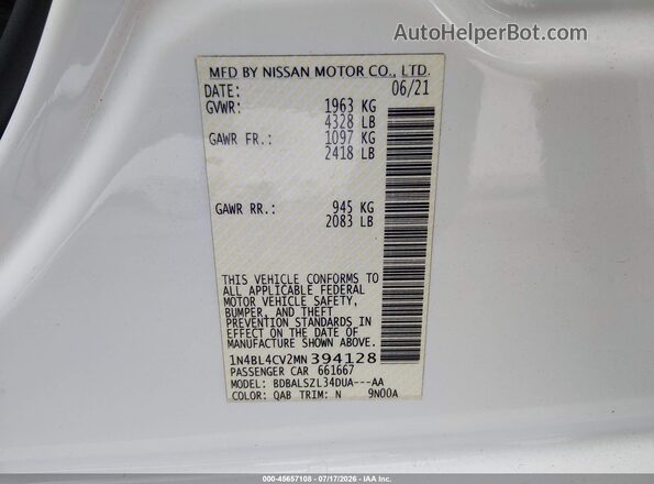 1N4BL4CV2MN394128 2021 NISSAN ALTIMA White Շարժիչի բաժամունքի տեսք