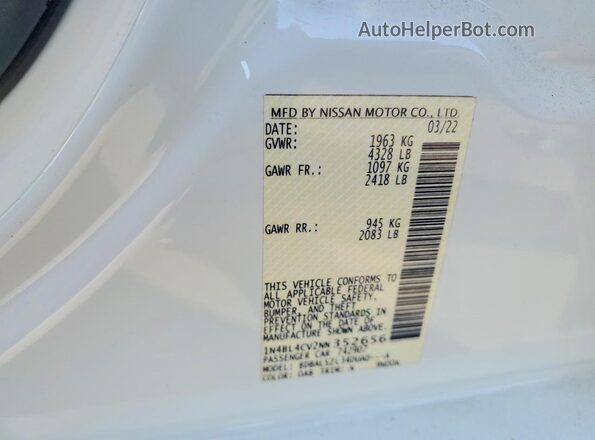 1N4BL4CV2NN352656 2022 NISSAN ALTIMA White ძრავის განყოფილების ხედი