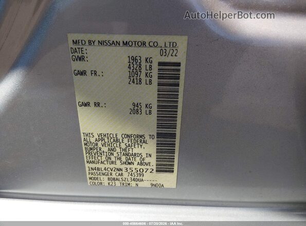 1N4BL4CV2NN355072 2022 NISSAN ALTIMA Silver Vista del compartimento del motor