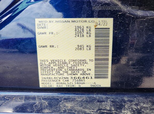 1N4BL4CV2NN366461 2022 NISSAN ALTIMA Blue ძრავის განყოფილების ხედი