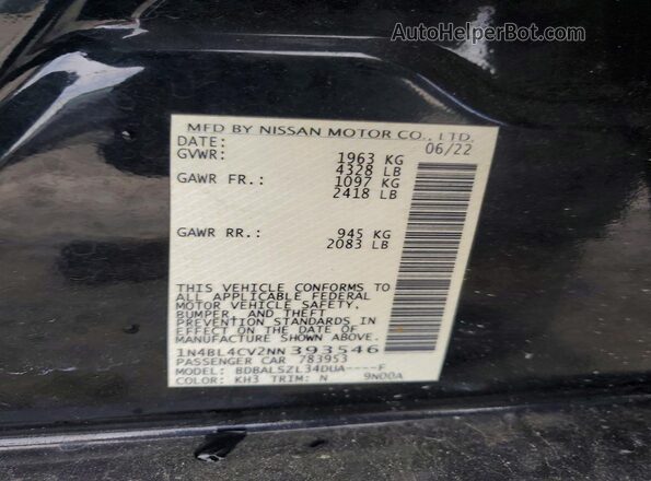 1N4BL4CV2NN393546 2022 NISSAN ALTIMA Black Widok naklejki z numerem VIN