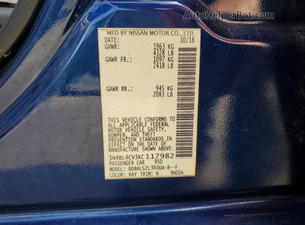 1N4BL4CV3KC117982 2019 NISSAN ALTIMA Синий Вид подкапотного пространства
