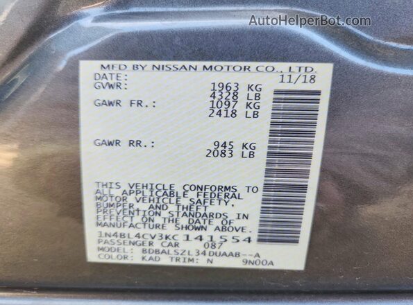 1N4BL4CV3KC141554 2019 NISSAN ALTIMA Gray ძრავის განყოფილების ხედი