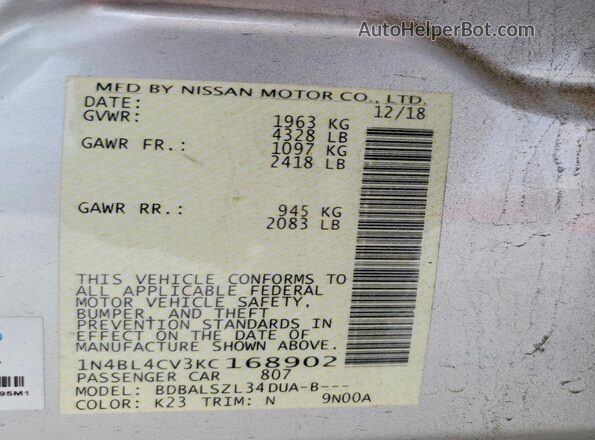 1N4BL4CV3KC168902 2019 NISSAN ALTIMA Серебряный Вид подкапотного пространства