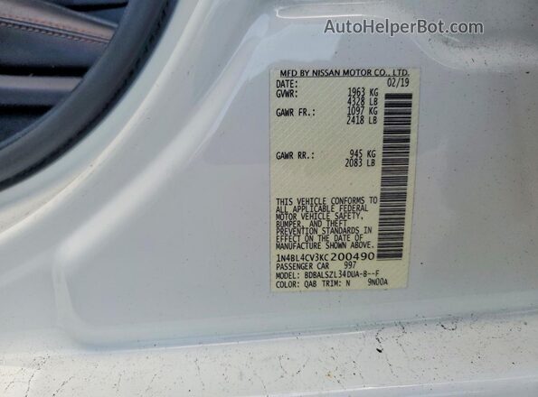 1N4BL4CV3KC200490 2019 NISSAN ALTIMA Белый Вид наклейки с VIN-кодом