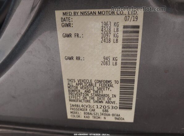 1N4BL4CV3LC120530 2020 NISSAN ALTIMA Gray Շարժիչի բաժամունքի տեսք